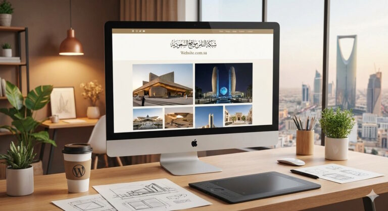 تصميم صورة تعبر عن جمال تصميم المواقع بواسطة ووردبريس ويظهر فيها اسم شبكة الناس مواقع السعودية واسم النطاق