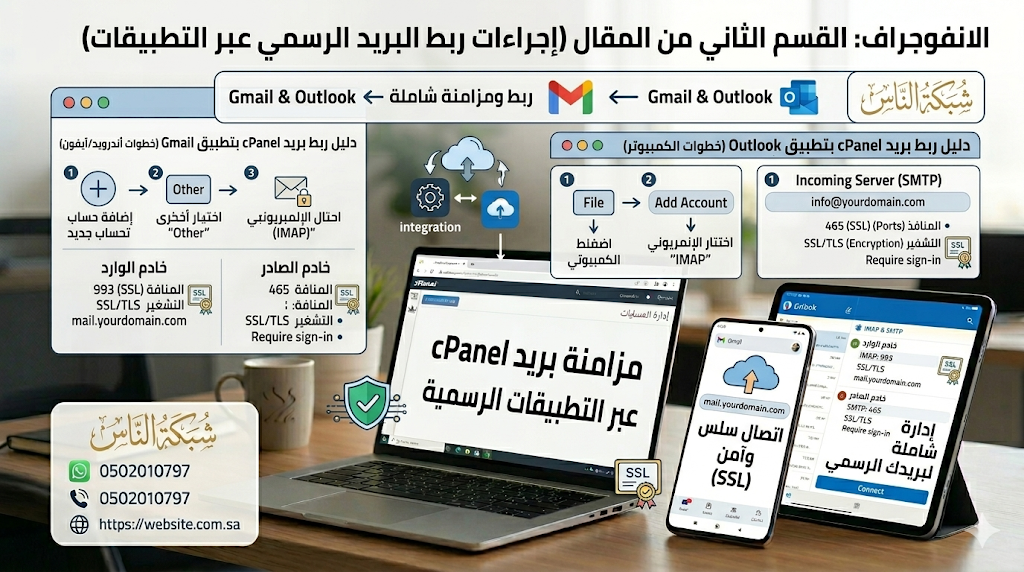 ثانياً: ربط بريد cPanel بتطبيق Gmail (أندرويد وآيفون) يتيح لك Gmail إضافة حسابات خارجية عبر بروتوكول IMAP أو POP3. نوصي بـ IMAP لمزامنة الرسائل عبر جميع أجهزتك.