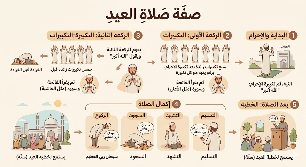 صفة صلاة العيد صلاة العيد ركعتان جهرًا، تؤديان بلا أذان ولا إقامة، ويميزها التكبيرات الزائدة في بداية كل ركعة. إليك صفة أدائها بالتفصيل