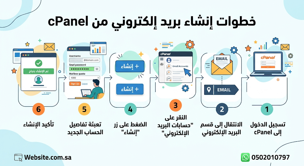 إنفوجرافيك الذي يوضح خطوات إنشاء البريد الإلكتروني من cPanel بشكل مبسط