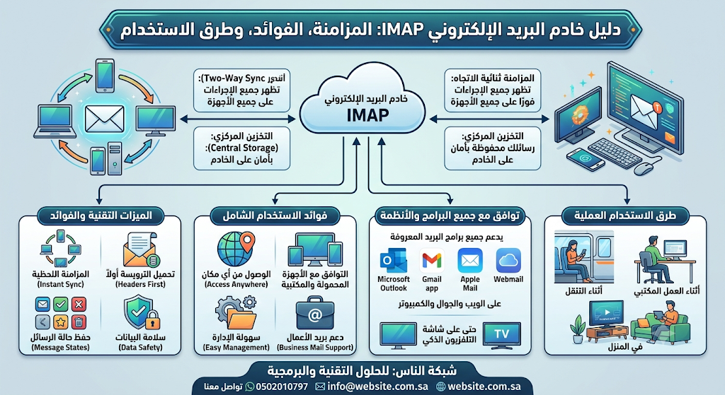 إنفوجرافيك يوضح آلية عمل خادم البريد الإلكتروني IMAP وفوائده في مزامنة بريد أعمال الشركات لحظياً عبر الجوال والكمبيوتر ومختلف برامج البريد https://website.com.sa/