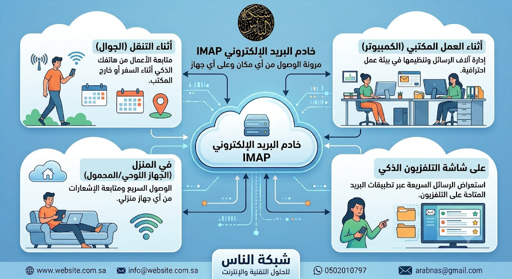 خادم IMAP يملك مرونة الوصول من أي مكان وعلى أي جهاز أثناء التنقل (على الجوال) أثناء العمل المكتبي (على أجهزة الكمبيوتر) في المنزل (التلفزيون الذكي والكمبيوتر الشخصي)