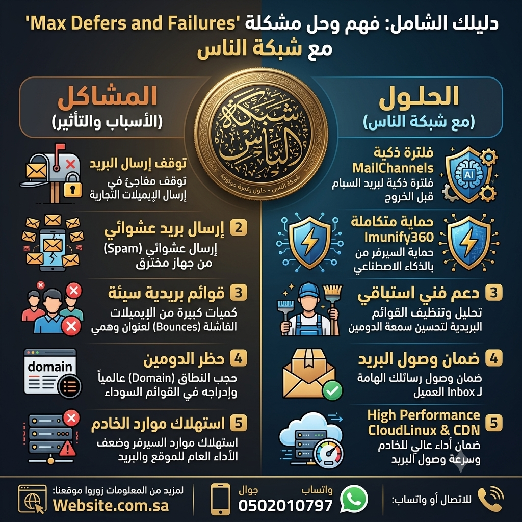 الدليل الشامل لحل مشكلة توقف إرسال البريد الإلكتروني للشركات "Max Defers and Failures" على لوحة cPanel: كيف تضمن حماية اسم نطاقك من الحجب مع حلول استضافة "شبكة الناس"؟