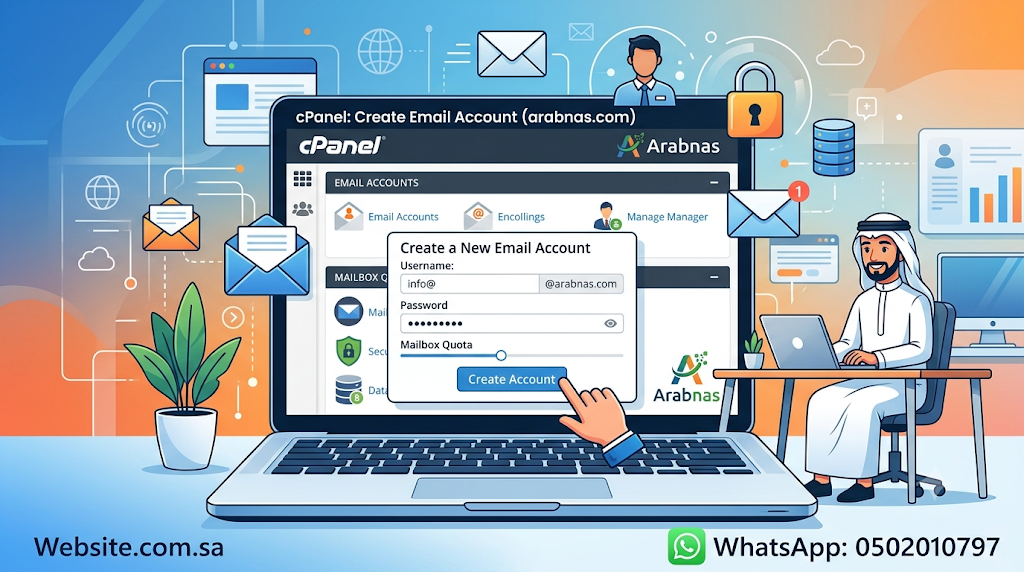 تعلم كيفية إنشاء بريد إلكتروني احترافي باسم موقعك (info@arabnas.com) من خلال لوحة تحكم استضافة cPanel بخطوات سهلة ومبسطة.