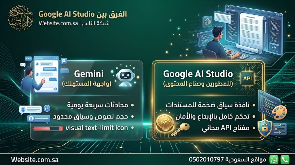 الفرق بين جوجل جيميناي Google Gemini واستديو الذكاء الاصطناعي Google AI Studio