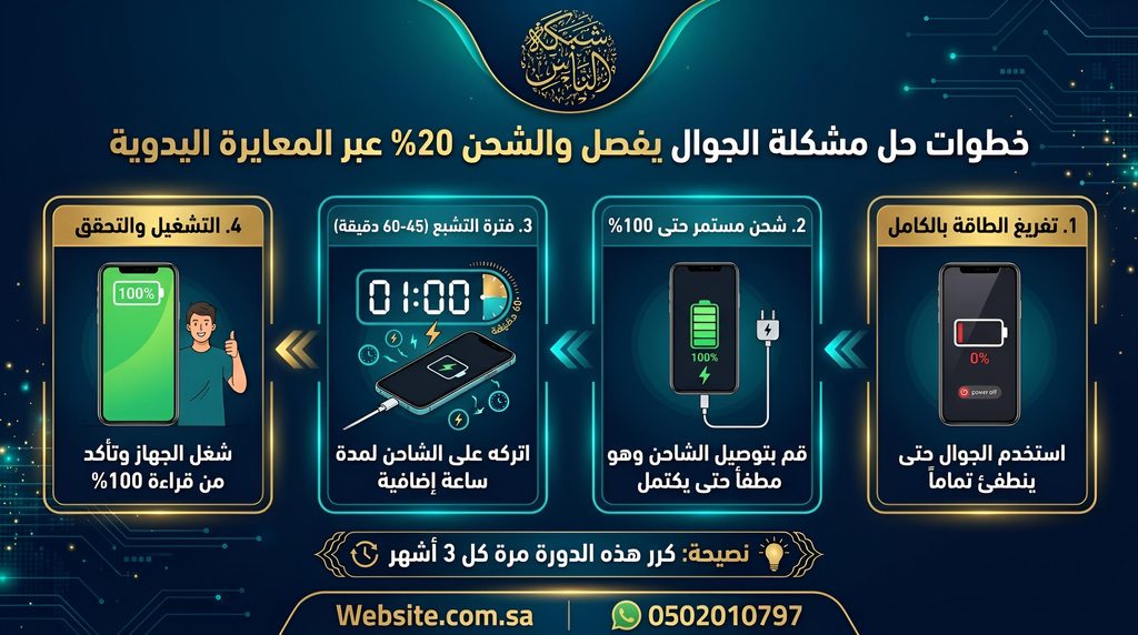 خطوات حل مشكلة الجوال يفصل والشحن 20 عبر المعايرة اليدوية لإعادة ضبط مستشعر الطاقة والتخلص من الفصل المفاجئ في هواتف أندرويد وآيفون: تفريغ الطاقة بالكامل: استخدم هاتفك بصورة طبيعية حتى ينطفئ تلقائياً وتصل شحنته إلى 0%. الشحن المستمر دون مقاطعة: صِل الهاتف بالشاحن الأصلي وهو مغلق، ودعه يشحن حتى يبلغ 100% دون تشغيله أثناء الشحن. فترة التشبع: اترك الجهاز متصلاً بالكهرباء لمدة 45 إلى 60 دقيقة بعد وصوله إلى 100% لضمان وصول الجهد لأقصى استقرار. التشغيل وإعادة التحقق: افصل الشاحن وشغّل الهاتف؛ إذا وجدت النسبة 100% فقد تمت المعايرة بنجاح، وإذا كانت 98% أو 99% أعد توصيله لدقائق ليكتمل. كرر هذه الدورة مرة واحدة كل ثلاثة أشهر فقط لتحديث ذاكرة المستشعر وتجنب تراكم القراءات الخاطئة.