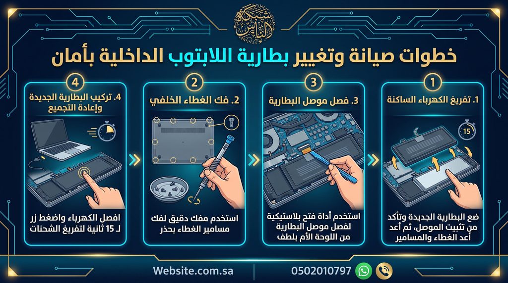 خطوات صيانة وتغيير بطارية اللابتوب الداخلية بأمان