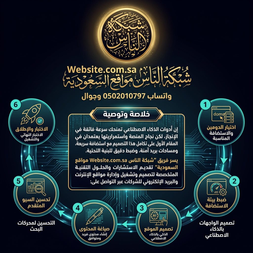 خلاصة وتوصية إن أدوات الذكاء الاصطناعي تمنحك سرعة فائقة في الإنجاز ولكن نجاح المنصة واستمراريتها يعتمدان في المقام الأول على تكامل هذا التصميم مع استضافة سريعة، ومساحات بريد آمنة، وضبط دقيق للبنية التحتية