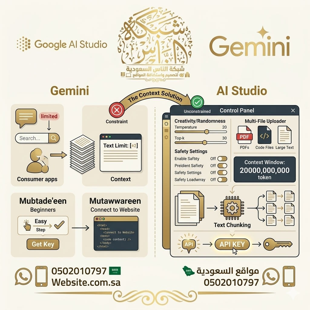 شرح اكتشف الفرق بين Gemini و AI Studio وتعرف على كيفية استخدام المنصة مجاناً وحل مشكلة حجم النص للمطورين والمبتدئين