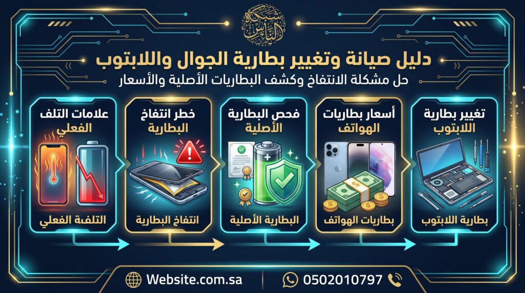 صيانة وتغيير بطارية الجوال واللابتوب: حل مشكلة انتفاخ بطارية الهاتف وأسعار البطاريات الأصلية