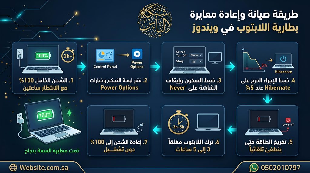 طريقة صيانة وإعادة معايرة بطارية اللابتوب في ويندوز إذا كان لابتوب العمل ينطفئ بمجرد فصل كابل الشاحن أو تهبط نسبته من 50% إلى 10% فجأة: اشحن اللابتوب بنسبة 100% كاملة، واتركه موصولاً بالكهرباء لمدة ساعتين على الأقل لتبريد حرارة الشحن. توجّه إلى لوحة التحكم واختر خيارات الطاقة (Power Options) ثم حدد إعدادات خطة الطاقة الحالية (Edit Plan Settings). اضبط إيقاف تشغيل الشاشة والدخول في وضع السكون على خيار أبداً (Never) في وضعية العمل بالبطارية. من الإعدادات المتقدمة (Advanced Settings)، اذهب إلى قسم البطارية (Battery)، واضبط إجراء البطارية المنخفضة جداً (Critical Battery Action) على وضع السبات (Hibernate)، وضع مستوى التنبيه الحرج عند 5%. افصل الشاحن واترك اللابتوب يعمل حتى ينفد شحنه ويدخل تلقائياً في وضع السبات. اترك الجهاز مغلقاً تماماً لمدة 3 إلى 5 ساعات لتفريغ أي شحنات سطحية متبقية. أعد توصيل الشاحن حتى يصل إلى 100% دون تشغيله، وبذلك يُسجل نظام ويندوز السعة التصميمية الفعلية من جديد.