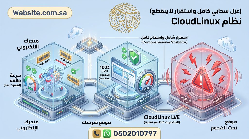 كيف يعمل نظام CloudLinux وتقنية البيئة الافتراضية المعزولة CageFS عزل سحابي كامل واستقرار الموقع والبريد الالكتروني