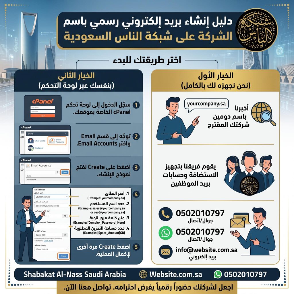 كيفية إنشاء ايميل رسمي باسم الشركة مع دومين على استضافة شبكة الناس

يمكنك بدء العمل فوراً باتباع أحد الخيارين:

الخيار الأول (نحن نجهزه لك بالكامل): كل ما عليك هو اختيار اسم دومين الشركة ونحن نجهز لك الاستضافة والإيميلات للموظفين فوراً عبر التواصل المباشر مع فريق الدعم عبر الجوال أو الواتساب أو البريد الإلكتروني عبر رسالة ايميل.

الخيار الثاني (بنفسك عبر لوحة التحكم):

سجّل الدخول إلى لوحة تحكم cPanel.

توجّه إلى قسم Email واختر Email Accounts.

اضغط على Create، ثم اختر النطاق وحدد اسم المستخدم (مثال: sales أو ceo).

عيّن كلمة مرور قوية وحدد مساحة التخزين المطلوبة للبريد، ثم اضغط Create. 

