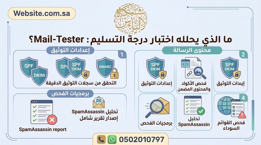 اختبار درجة التسليم (Mail-Tester) هو أداة مجانية وبسيطة تُستخدم لفحص مدى جودة رسائل البريد الإلكتروني ونسبة وصولها إلى صندوق الوارد (Inbox) بدلاً من تصنيفها كبريد عشوائي (Spam).