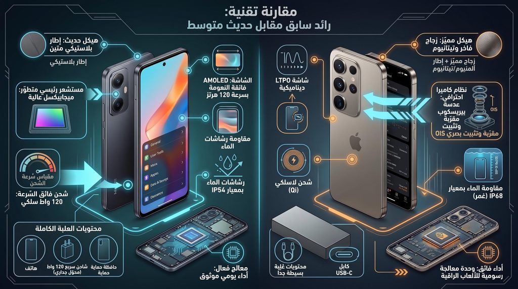 مقارنة تقنية هاتف جوال رائد سابق مقابل هاتف متوسط حديث