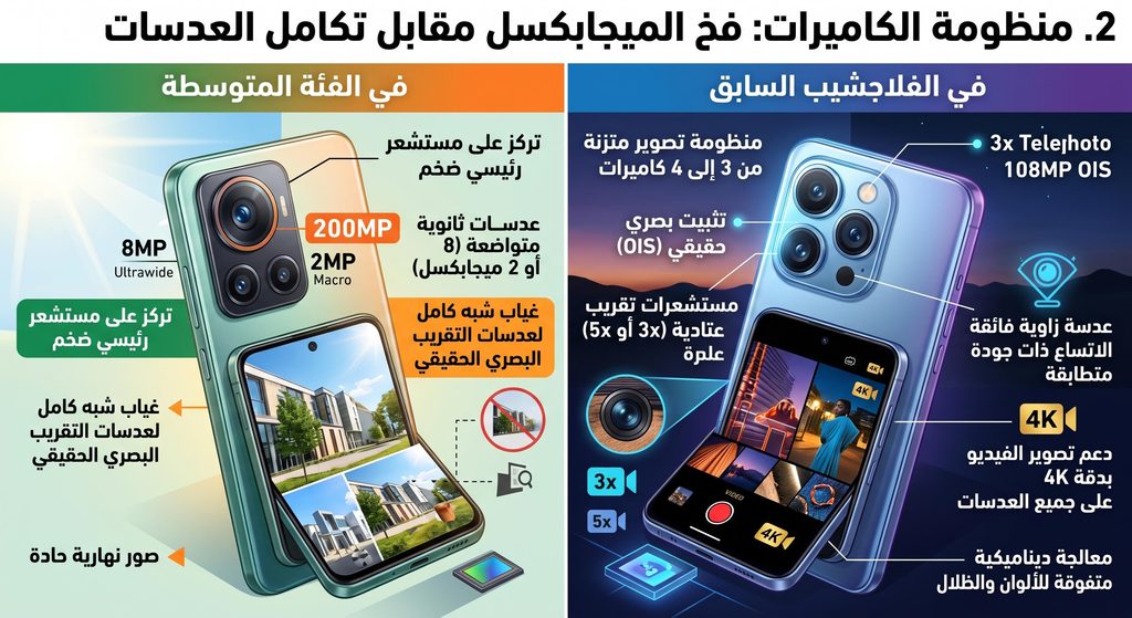 منظومة الكاميرات فخ الميجابكسل مقابل تكامل العدسات مقابل هاتف فلاجشيب قديم أم جوال فئة متوسطة حديث